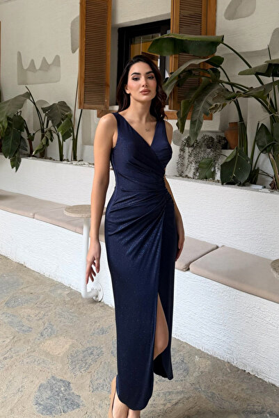 Sindimoda Senda V Yaka Yırtmaçlı Simli Maxi Elbise 40117