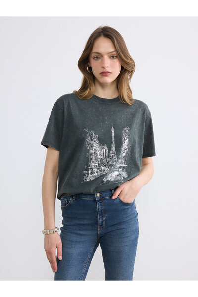 LC Waikiki Tricou de damă cu guler rotund și imprimeu Paris
