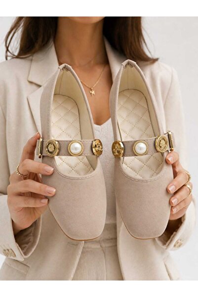 Slipcat Γυναικεία παπούτσια μπαλαρίνας με βελούδινη χρυσή αγκράφα για το γραφ...