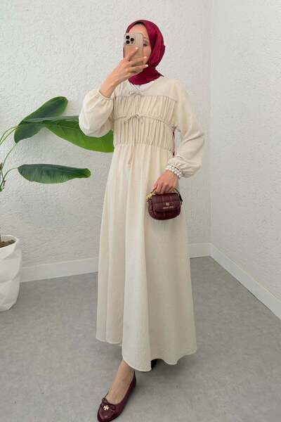 zenne Drawstring Laced Hijab Dress 2319 - Stone Color