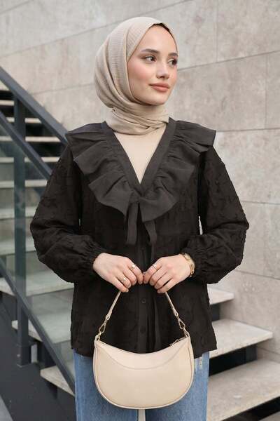 Salih Çelebi Κιμονό με βολάν στο γιακά Y0110 - A. KAHVE