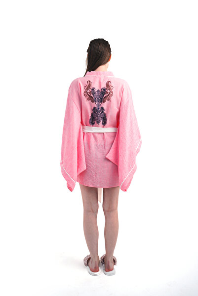 Mita Concept Φούξια λινό κιμονό με τετράγωνα μανίκια