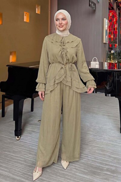 Salih Çelebi Ruffled Premium Chiffon Set 266031 - Light Khaki