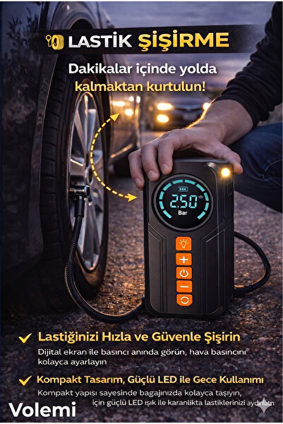 VOLEMİ VM-726 4'ü 1 Arada Taşınabilir Şarjlı Akü Takviye Cihazı ve Lastik Şiş...