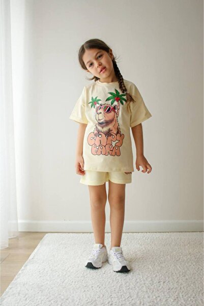 Dimoi Kids Girl's Capybara Printed Cream Oversize T-Shirt and Shorts Bottom-T...