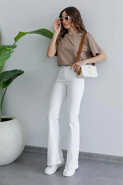 Livik Γυναικείο λευκό τζιν Lycra με ψηλή μέση και φαρδιά μπατζάκια