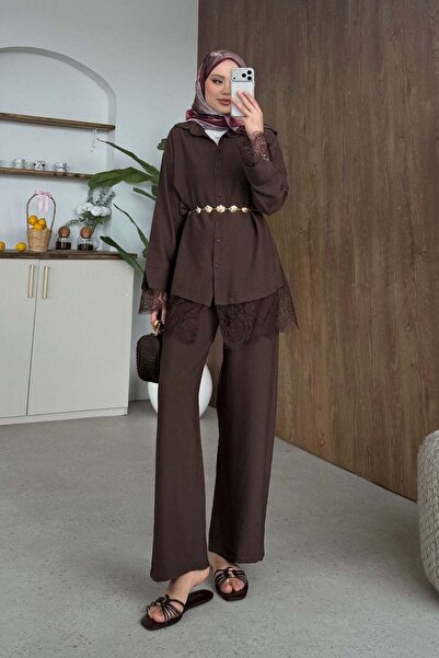 Hazamoda Σετ δαντέλας Nihal σε καφέ χρώμα