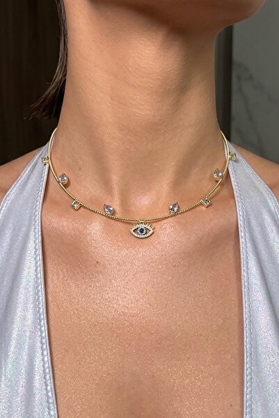 TAKIŞTIR Altın Renk Göz Figürlü Taş Detaylı Choker Kolye