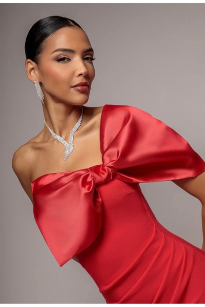 goddiva london Γυναικείο Κόκκινο Μάξι Βραδινό Φόρεμα με Έναν Ώμο, με Σατέν Φι...