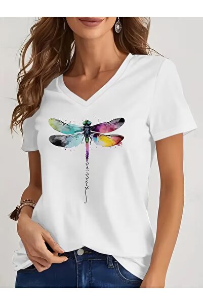 PAVRO Γυναικείο μπλουζάκι με άνετη εφαρμογή και λαιμόκοψη V, με μικτό εμπριμέ...