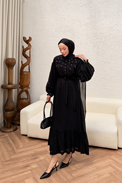 fushya design Ağaç Kabuğu İnce tensel Yakası Çiçek Detaylı Elbise