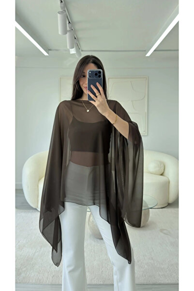 My Blog Καφέ μπλούζα σιφόν με κάπα - 5070