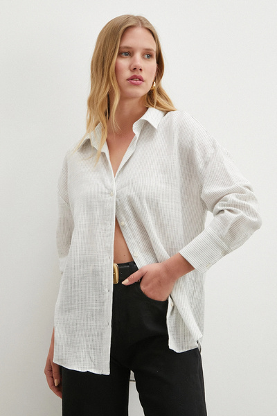 Never more Ριγέ βαμβακερό πουκάμισο λευκό