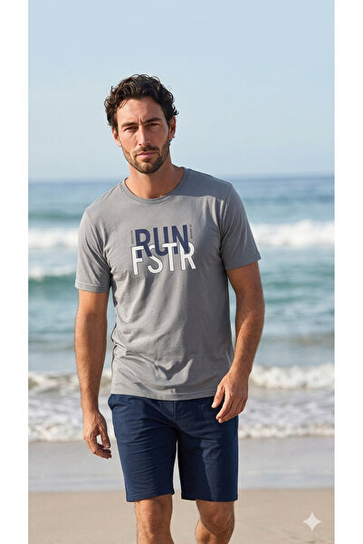 PİJALİNA Ανδρικό βαμβακερό σετ με στάμπα, κοντομάνικο και σορτς με τσέπες