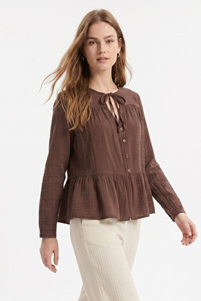 Rays Καφέ μπλούζα με λεπτομέρεια δεσίματος μπροστά και κουμπιά 4531A