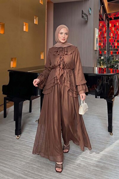 Salih Çelebi Ruffled Premium Chiffon Set 266031 - Taba