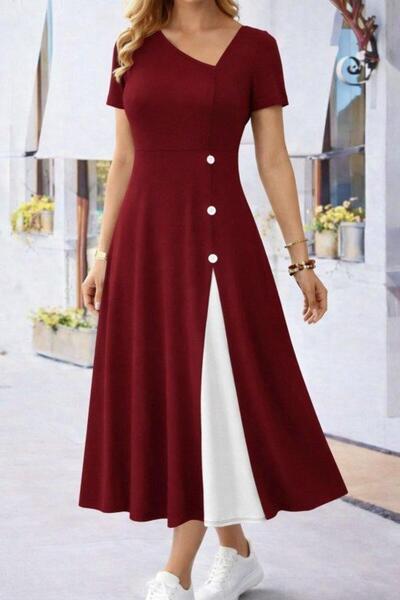 Generic Brand Women's Short Sleeve Asymmetrical Collar Button Detailed Midi V...
