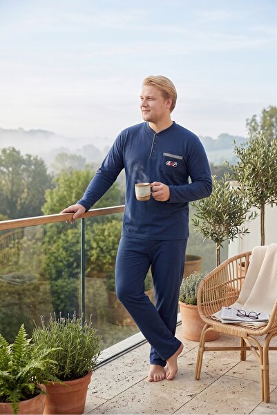 bie's Ανδρικό σετ πιτζάμες μεγάλου μεγέθους 3 κουμπιών από βαμβακερή λύκρα, ε...