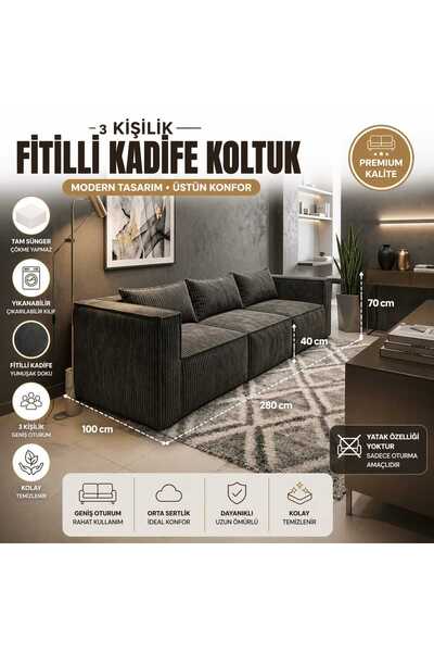 COLORMİX Fitilli Kadife 3' lü Koltuk Tam sünger Rahat Oturum Modern Kanepe Ko...