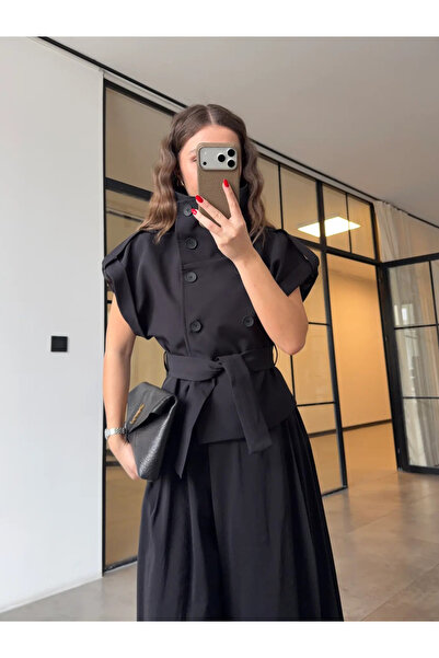 My Blog Black Epaulettes Button Detailed Belted Vest - 504362