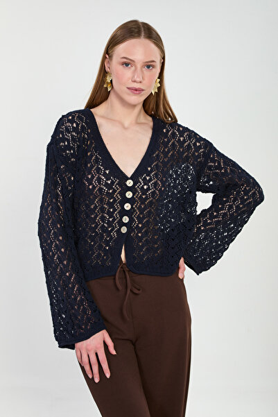 BARRELS AND OIL Γυναικεία ζακέτα με 5 κουμπιά και διάτρητο σχέδιο - Μπλε ναυτικό