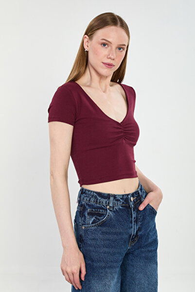 BARRELS AND OIL Women's ruched front v-neck bodysuit - burgundy