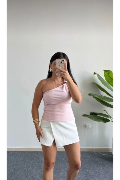 EFTELYABUTİK Kadın tek omuz tokalı bluz-pembe-siyah