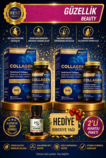 Nutraxin 2 Adet Tip 1 Tip 3 Hidrolize Kolajen 30 Adet Tablet + Hediye Biberiy...