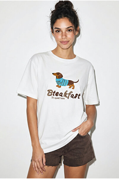 Bianco Lucci Γυναικείο T-Shirt Oversize με Κέντημα και Χάντρες στον Λαιμό 222...