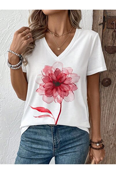 PAVRO Γυναικείο μπλουζάκι με άνετη εφαρμογή V-λαιμόκοψη και μικτό εμπριμέ σχέδιο