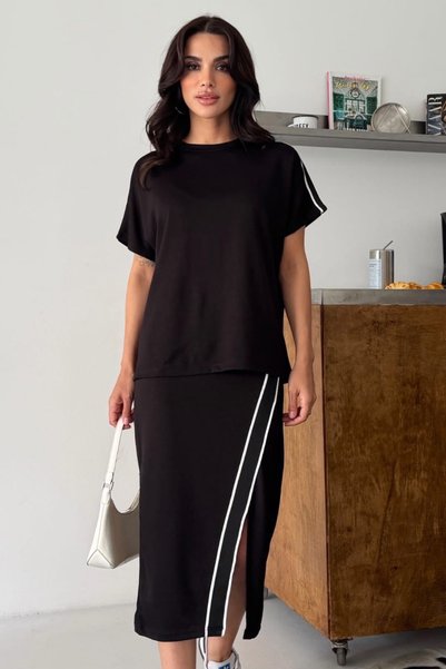 Ded COLLECTION Women's Cross Stripe and Slit Detailed Midi Skirt and Top Modal Set