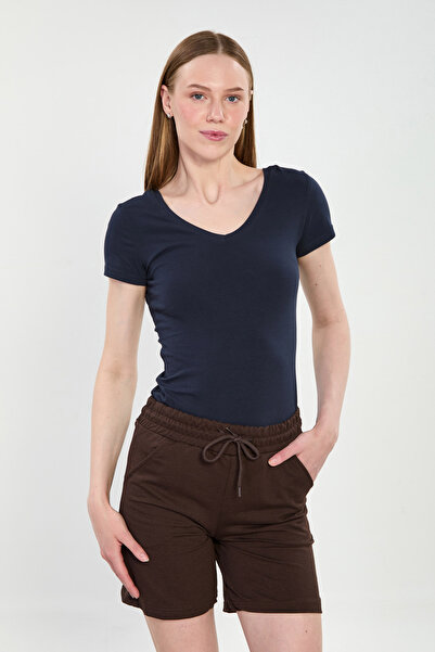 BARRELS AND OIL Women's front back v-neck short sleeve bodysuit - navy blue