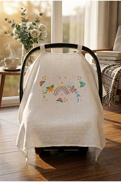 bebeqon %100 Müslin Bebek Puset Örtüsü Çiçek Desenli Beyaz 70x110 cm