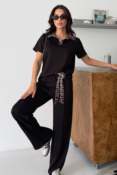 Ded COLLECTION Women's Short Sleeve Modern Modal Set with Leopard Collar and Belt Detail