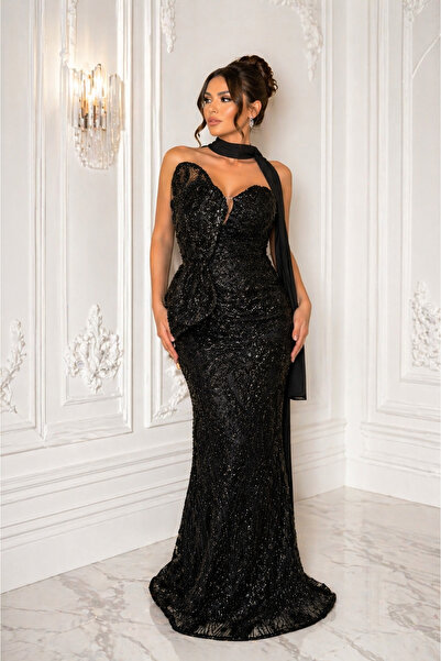 Afrina Dress Siyah Taş İşlemeli Couture Uzun Abiye Kelebek