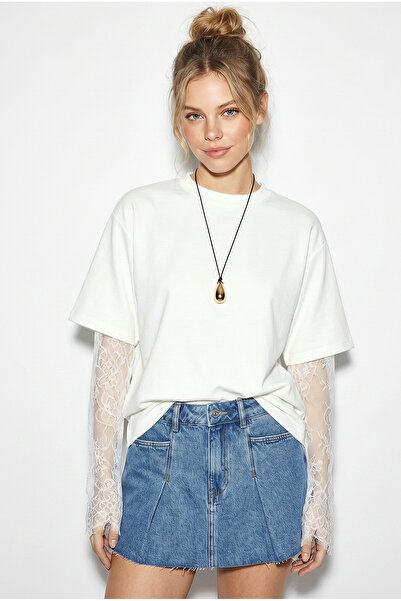 Bianco Lucci Γυναικείο μπλουζάκι με λαιμόκοψη ποδηλάτου, μανίκια δαντέλα, υπε...