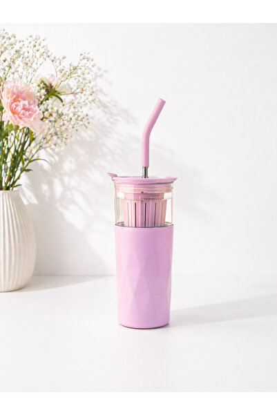 H2O Multi Termos Cam Detox Hazneli Kupa Çelik Pipetli 650 ml | Lila