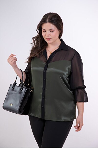 Roxxlen Γυναικείο πουκάμισο σιφόν σατέν μεγάλου μεγέθους 1122623