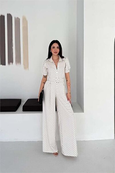 Dipmoda Γυναικεία ολόσωμη φόρμα με λευκό πουά γιακά και ζώνη DPK4602