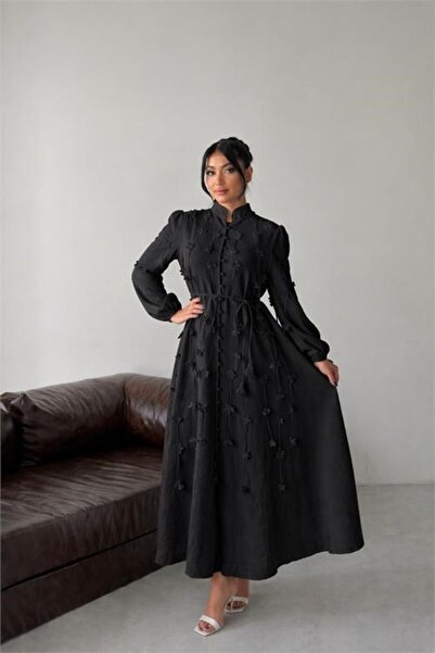 Dipmoda Γυναικείο μαύρο εισαγόμενο λινό ύφασμα με λεπτομέρεια λουλουδιών στο ...