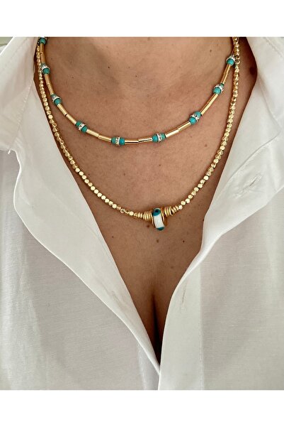 mibrillo Turquoise Bead and Evil Eye Cube Pendant Double Necklace Set