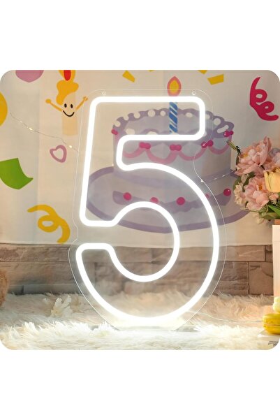 Slasa Number 5 LED Neon Sign 40x26 cm White Light 6mm Acrylic Base Birthday P...