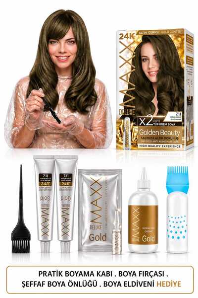 MAXX DELUXE Golden Beauty Set Saç Boyası 7.11 Yoğun Küllü Kumral 2 Li + Fırça...