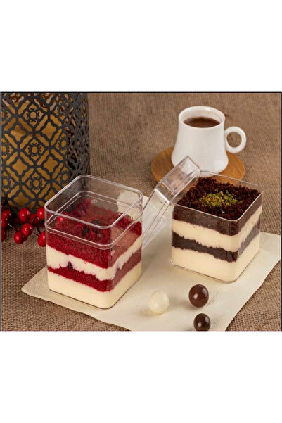 REDEX Tiramisu Cup Kare 270 cc Mika Kase Plastik Şeffaf Kapaklı Sunum Kabı Ta...