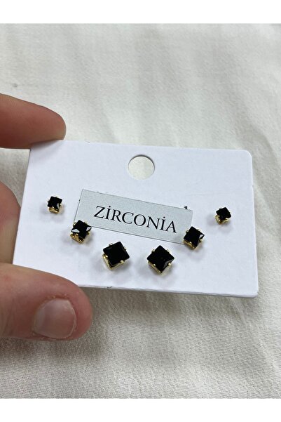 ÇELİKSİLVERTAKI Steel Baguette Square Black Stone 6-Piece 3 Size Earring Set