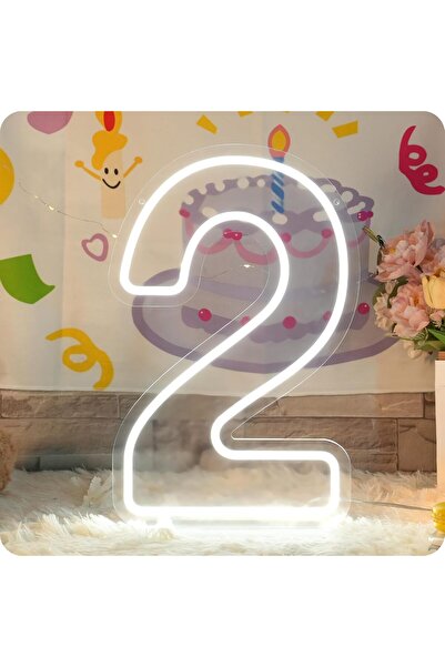 Slasa Number 2 LED Neon Sign 40x26 cm White Light 6mm Acrylic Base Birthday P...