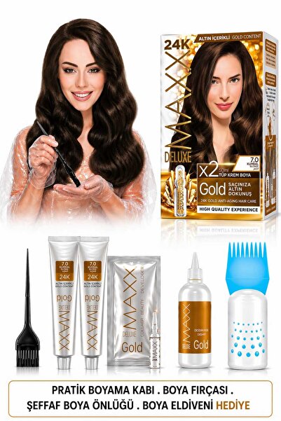 MAXX DELUXE Golden Beauty Set Saç Boyası 7.0 Kumral 2 Li + Fırça+Pratik Boya ...