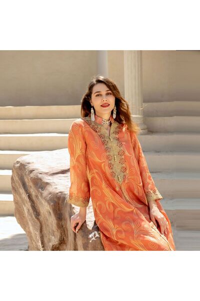 Greneric Embroidered Abaya Dress with Gold Floral & Swirl Details, Modest Lon...