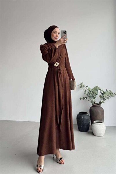 Dipmoda Γυναικείο καφέ χρυσό φόρεμα με αγκράφα και λεπτομέρεια από ζακάρ, με ...