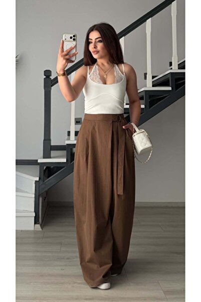 Oslove Brown Parachute Fabric Draped Trousers with Belt Detail